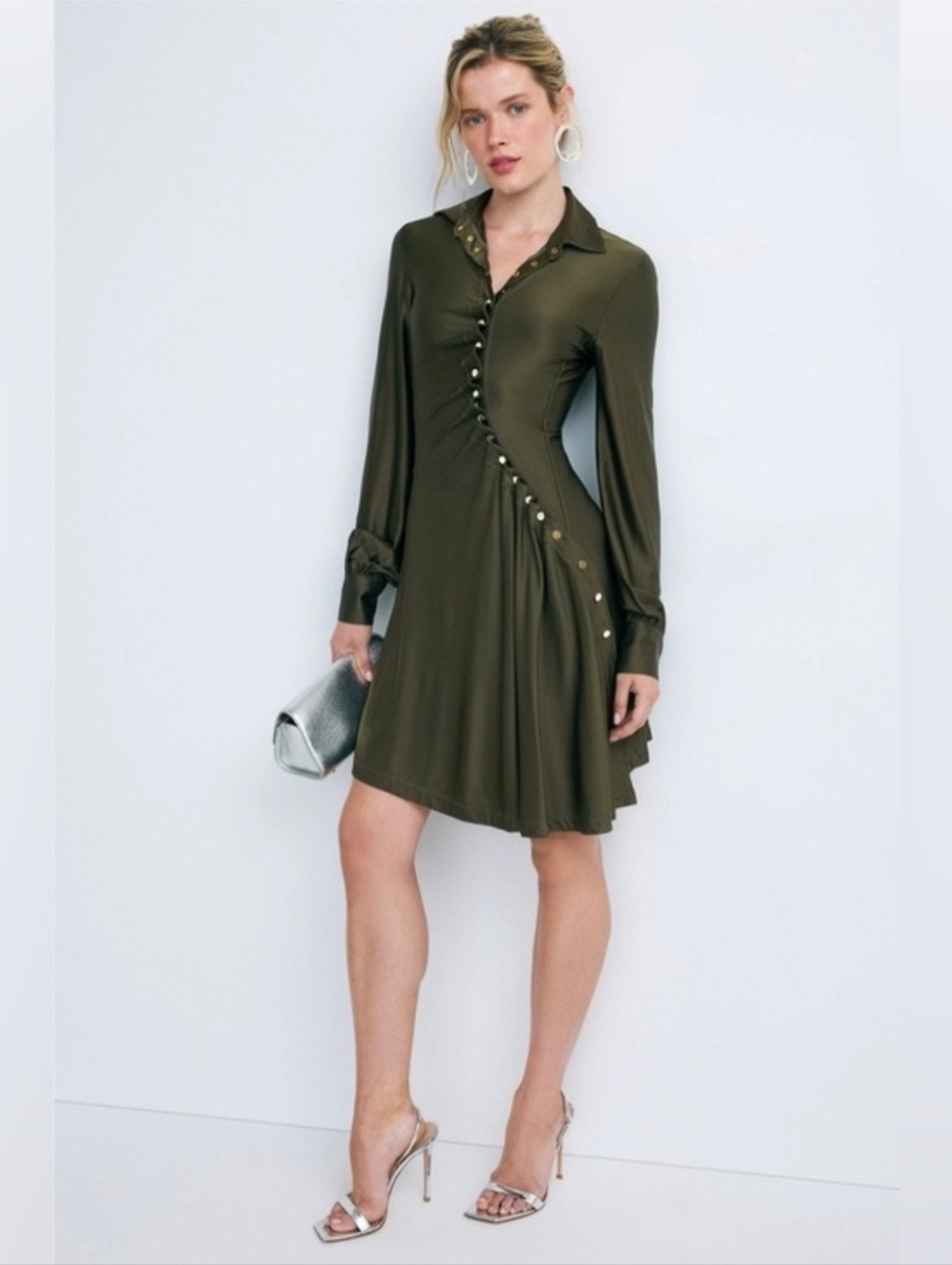 ✨️ Rabanne Button Embellished Draped Olive Green Long Sleeve Shirt Dress - Picture 7 of 15